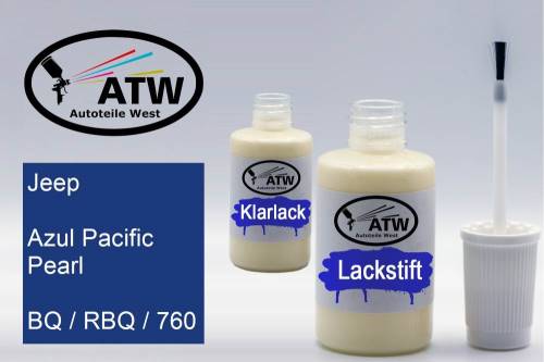 Jeep, Azul Pacific Pearl, BQ / RBQ / 760: 20ml Lackstift + 20ml Klarlack - Set, von ATW Autoteile West.